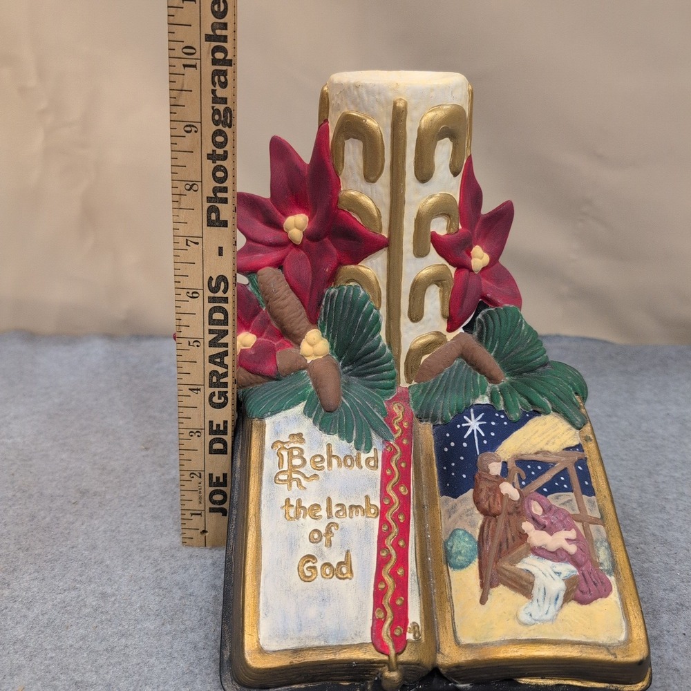 Atlantic Mold Vtg Ceramic Nativity Book Candle Display Behold the Lamb of God - Picture 3 of 7